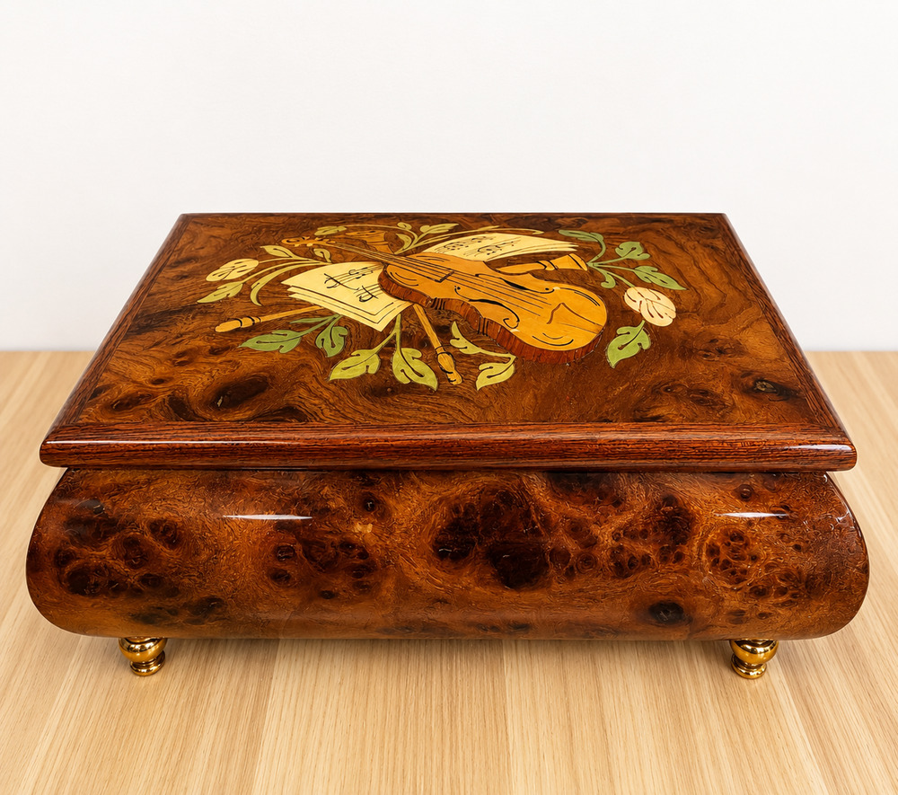 Vintage Ercolano Sorrento Italy Burl Wood Music Jewelry Box Reuge Lara's Theme